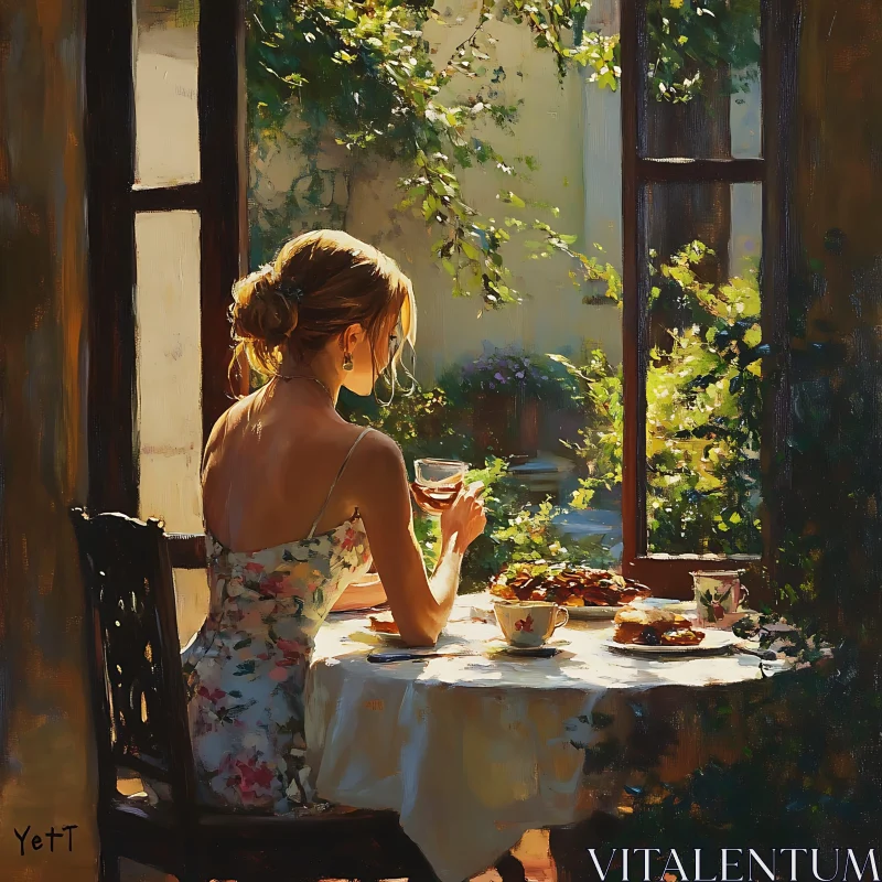 Morning Bliss: Woman Dining by the Window AI Image