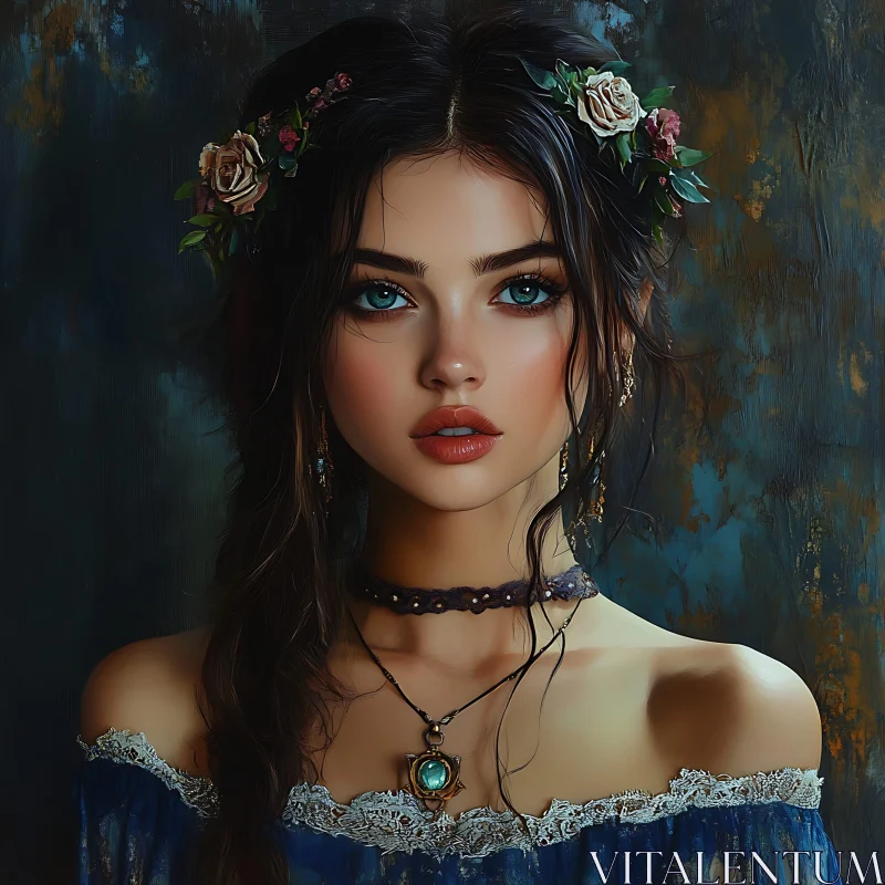 Captivating Female Portrait with Floral Accents AI Image