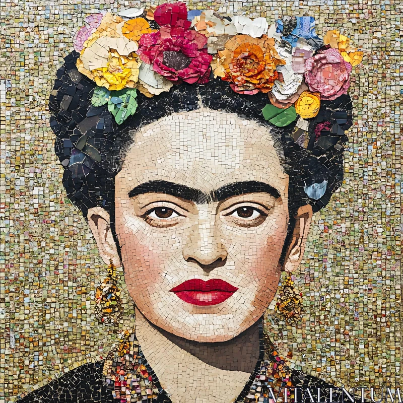 Intricate Mosaic Portrait with Floral Accents AI Image