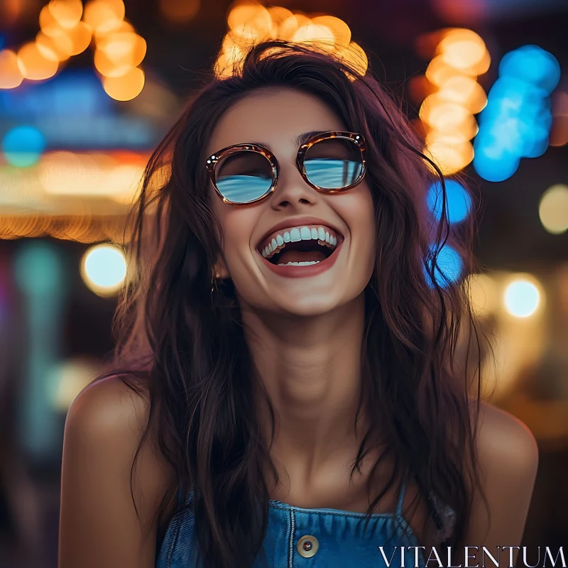 Joyous Woman with Sunglasses and Bokeh Lights AI Image