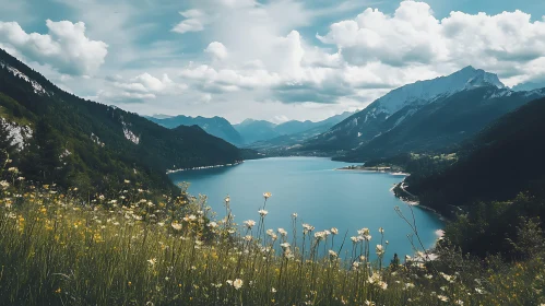 Idyllic Lake and Mountain Landscape with Wildflowers