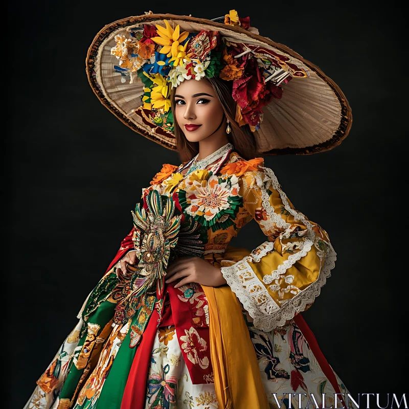 Traditional Floral Costume with Wide-Brimmed Hat AI Image