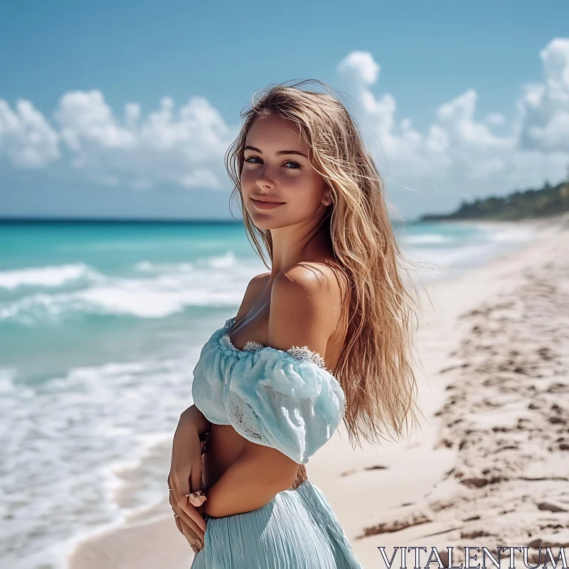 Woman on Serene Blue Beach AI Image