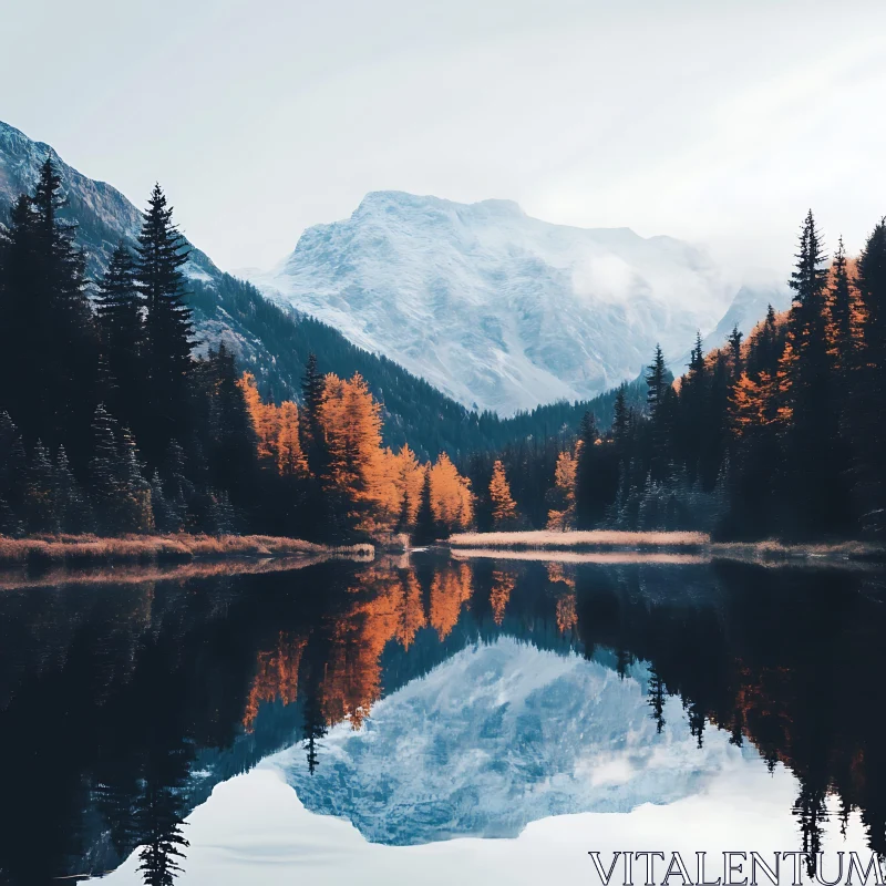 AI ART Symmetrical Reflection of Mountains and Autumn Trees in a Lake