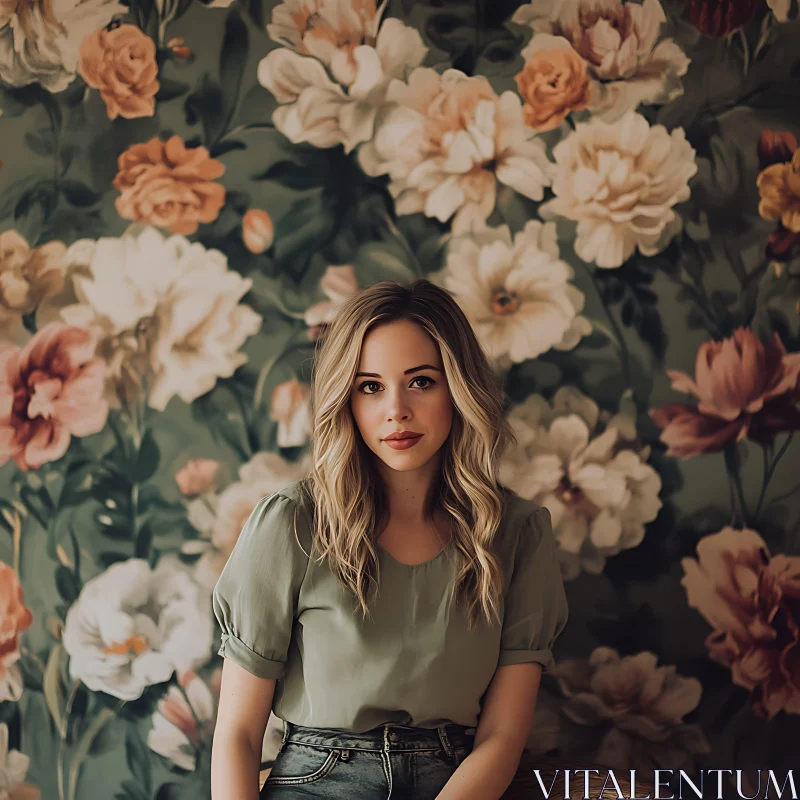 Blonde Woman in Green Blouse Against Botanical Wallpaper AI Image