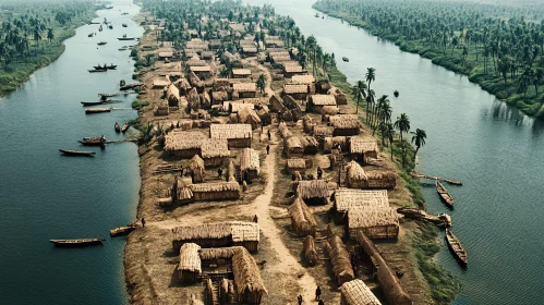 Scenic River Village with Thatched Huts