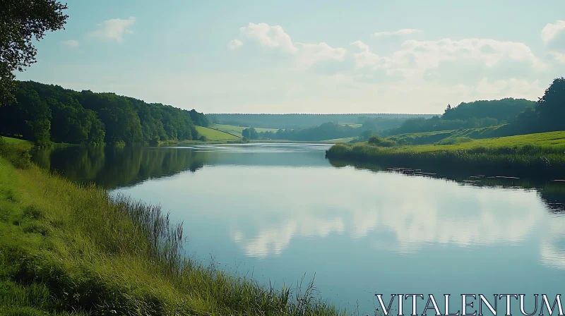 Tranquil Lake Reflecting Blue Sky AI Image