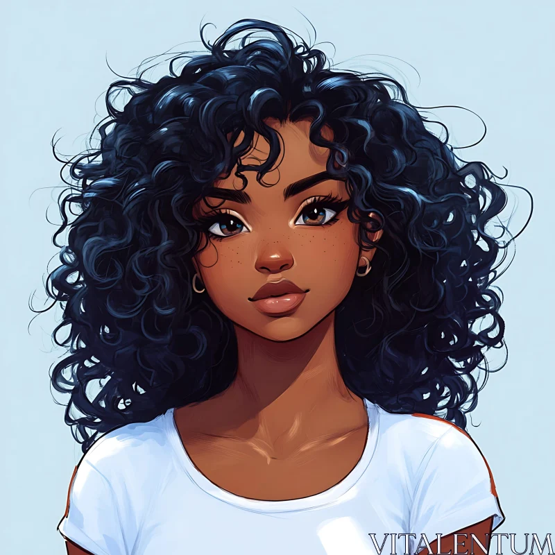 Curly-Haired Anime Girl with Freckles AI Image