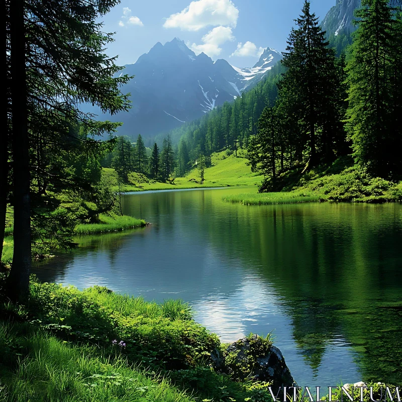 Tranquil Alpine Scenery with Reflective Lake AI Image