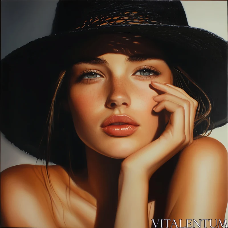 Graceful Woman with Freckles and Black Hat AI Image