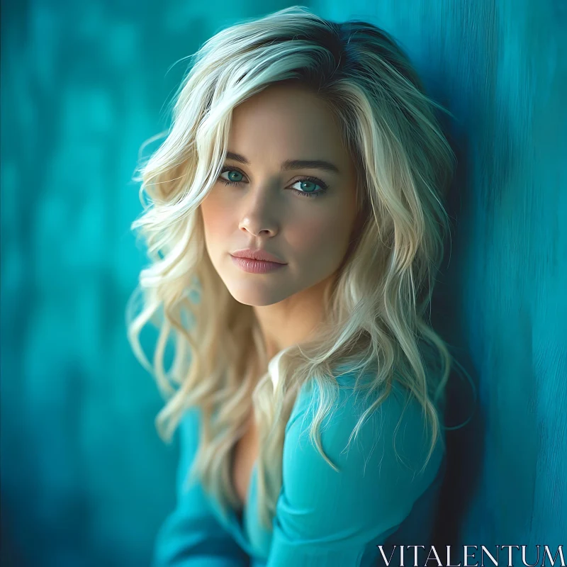 Peaceful Blonde Portrait against Teal Background AI Image