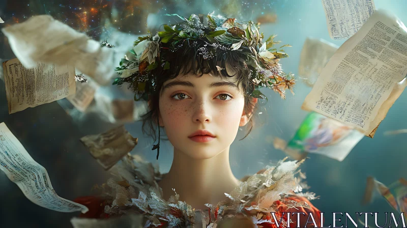 Ethereal Feminine Portrait with Floral Crown and Floating Pages AI Image