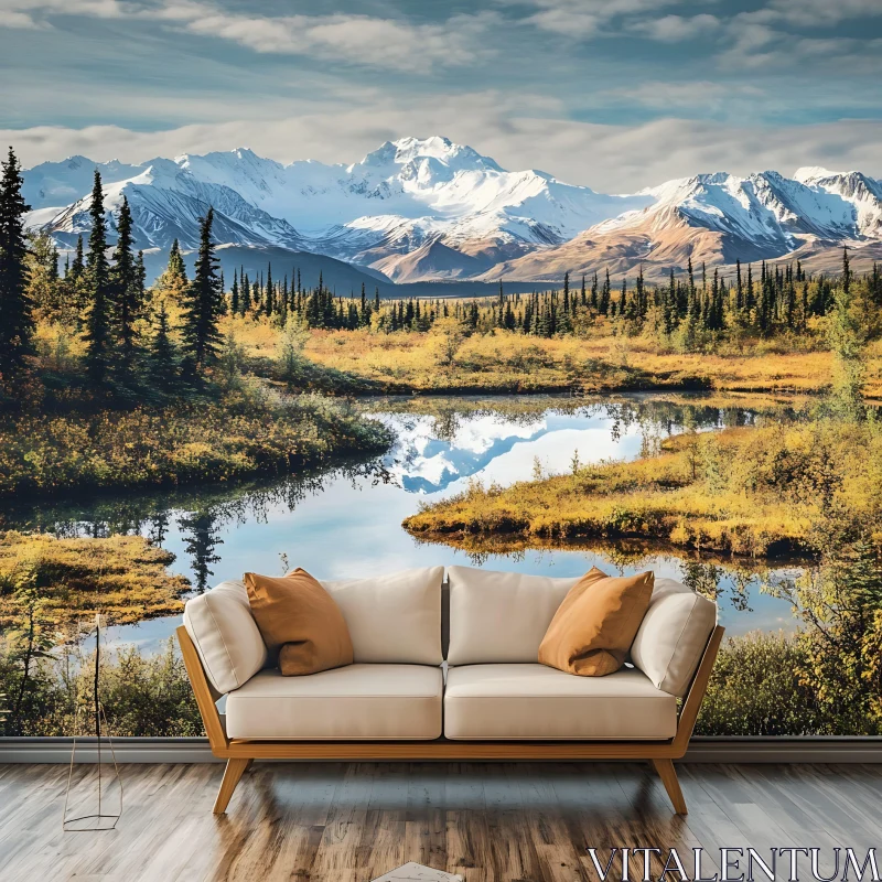 Scenic Mountain Landscape with Lake Reflection and Sofa AI Image