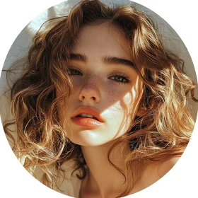 Woman Portrait in Sunlight with Freckles and Curls