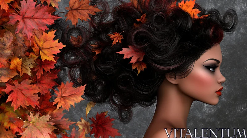 Profile Portrait of a Woman with Autumn Leaves AI Image