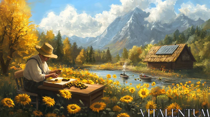 AI ART Sunflower Meadow Beekeeping Scene