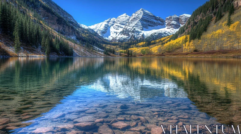 Autumn Alpine Lake with Mountain Reflection AI Image