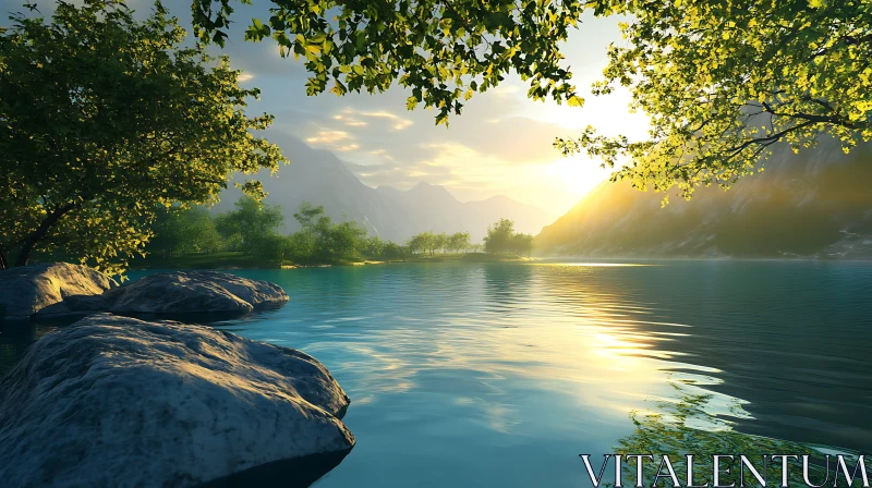 Sunlit Lake with Trees and Mountains AI Image