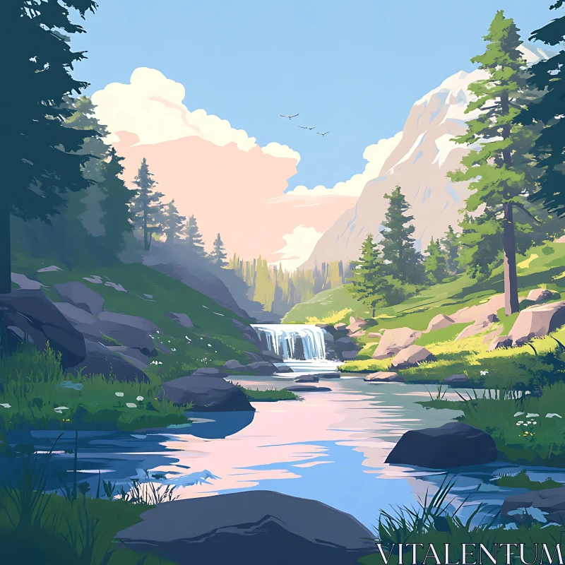 AI ART Peaceful Forest River and Waterfall Amidst Majestic Mountains