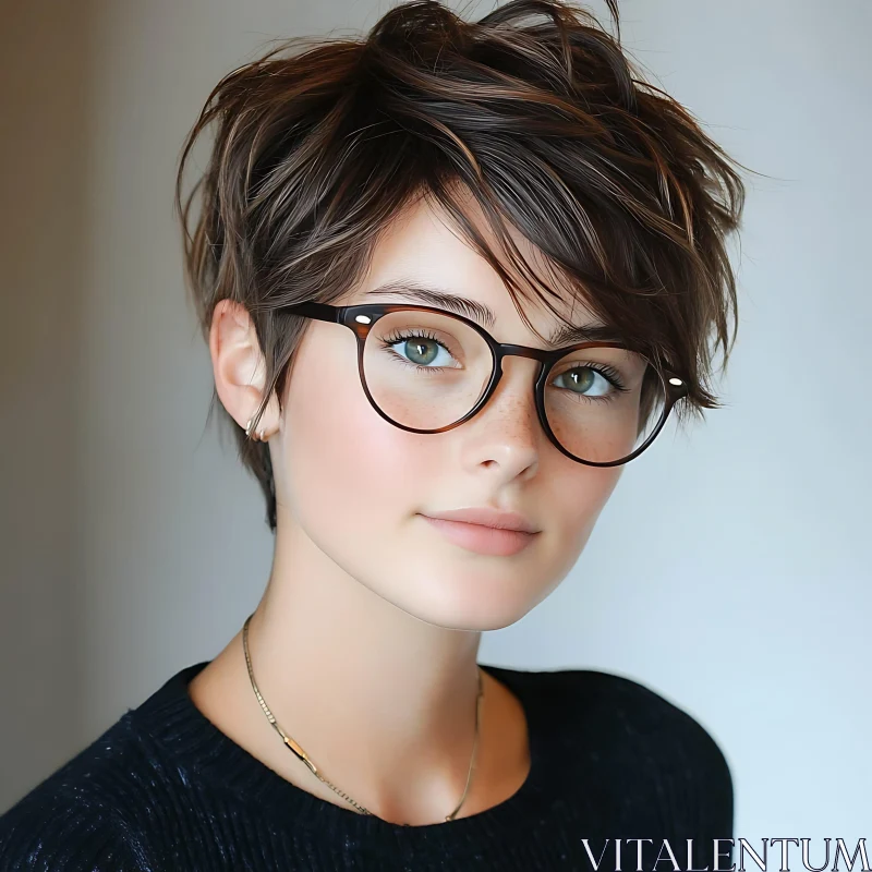 Portrait of a Woman with Short Hair and Round Glasses AI Image