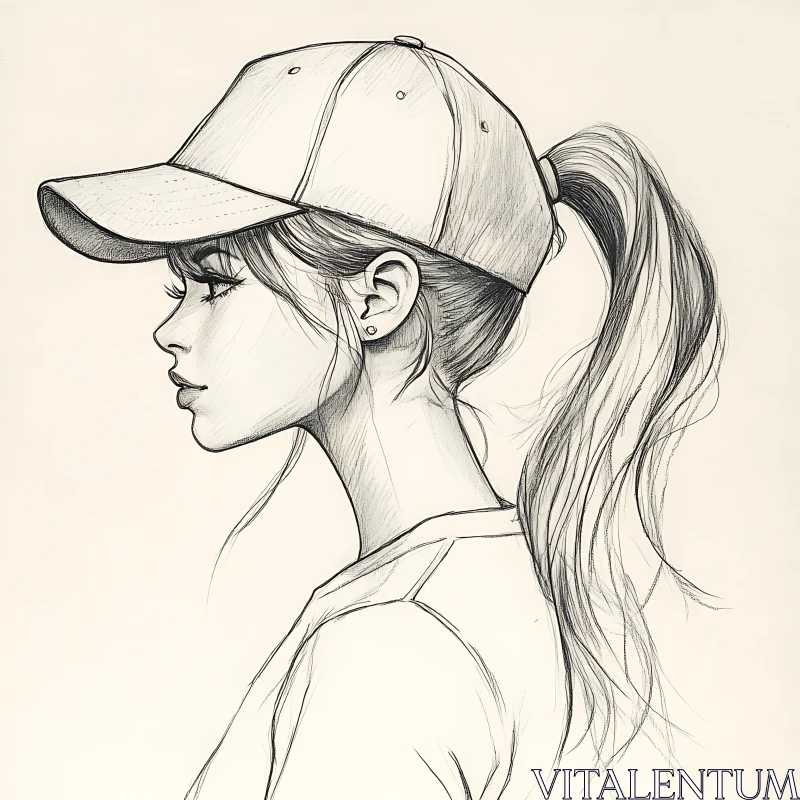 Profile View Sketch of a Girl Wearing a Baseball Cap AI Image