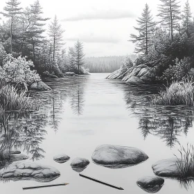 Serene Pencil Sketch of a Lake and Forest Landscape