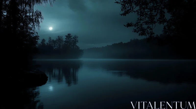 Tranquil Lake at Night with Moon Glow and Misty Atmosphere AI Image