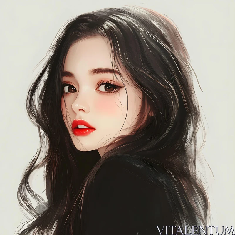 Captivating Digital Art: Young Woman with Flowing Hair AI Image