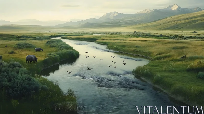 Peaceful River in Green Pastures with Wildlife AI Image