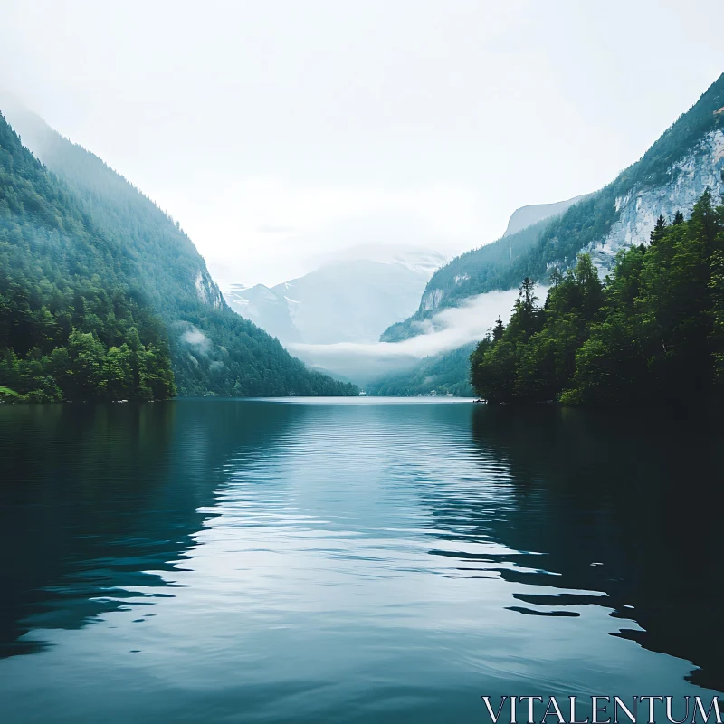 Misty Mountain Lake with Reflective Waters AI Image