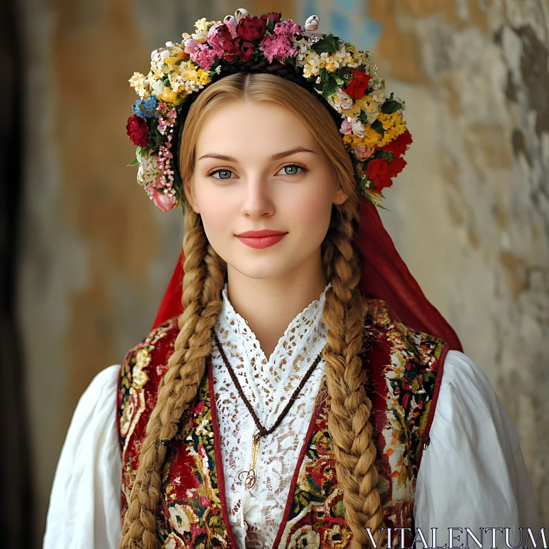 Cultural Woman in Traditional Attire and Floral Garland AI Image