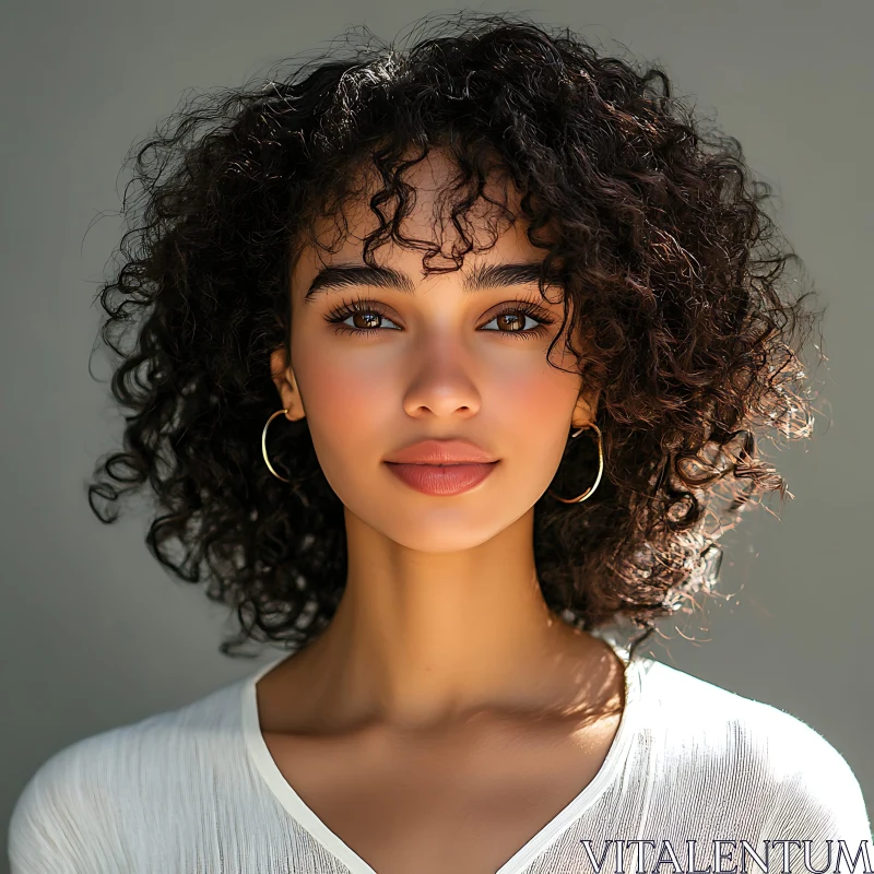 AI ART Curly-Haired Woman Portrait with Hoop Earrings