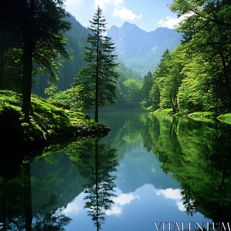 Tranquil Mountain Lake with Forest Reflections AI Image