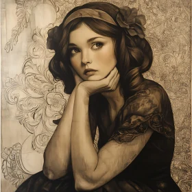 Pensive Woman in Sepia with Floral Accents