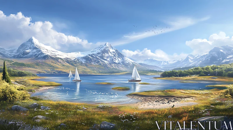 AI ART Tranquil Lake Scene with Snowy Peaks and Sailing Boats