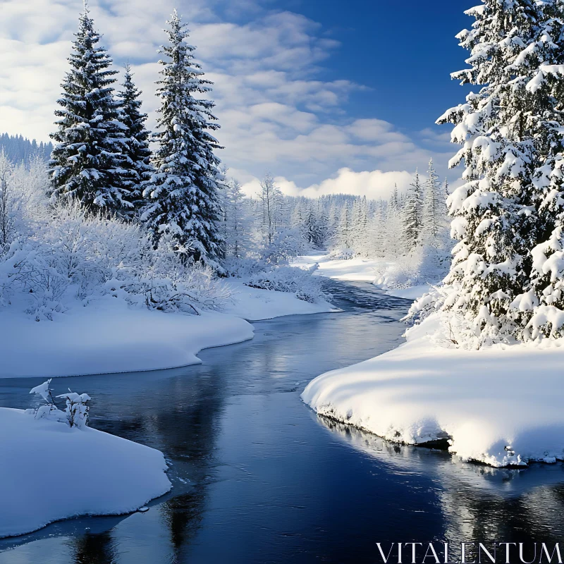 Peaceful Snowy River Scene AI Image