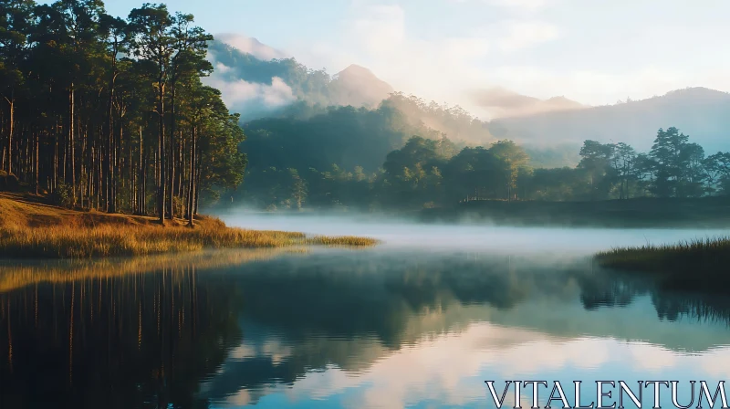 Serene Lake with Mist and Reflective Scenery AI Image