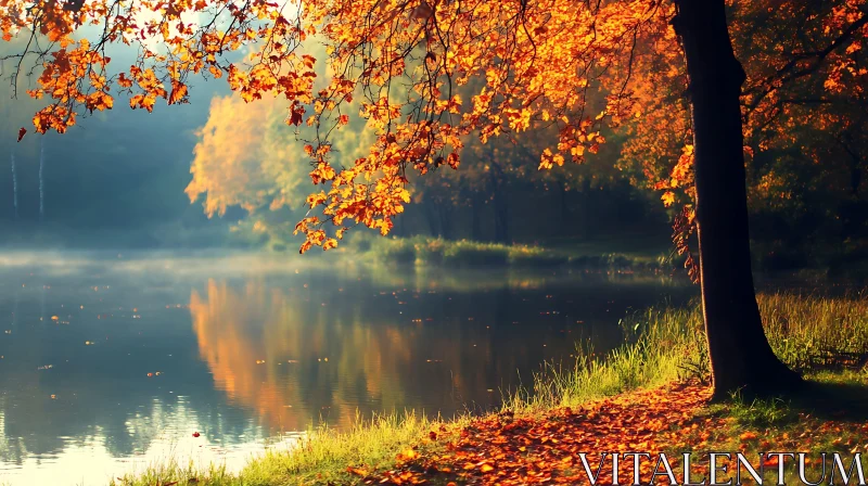 AI ART Autumn Lake Reflecting Colorful Foliage and Misty Surroundings