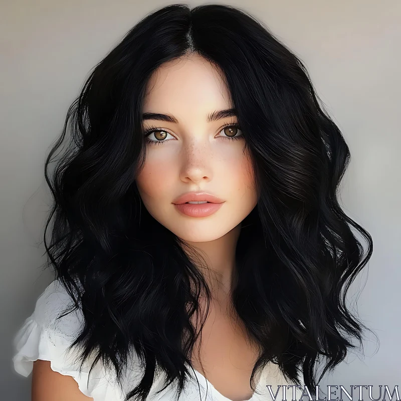 Elegant Woman with Black Hair and Light Freckles AI Image