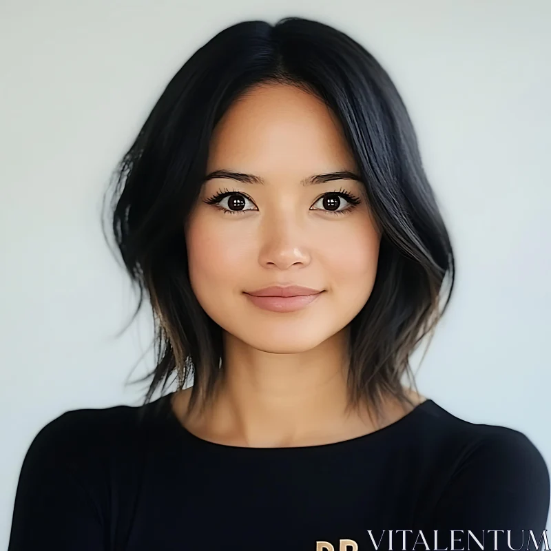 Portrait of a Woman with Expressive Eyes and Black Hair AI Image