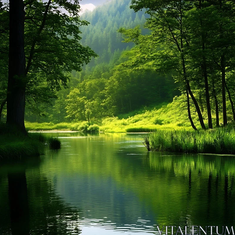 Peaceful Forest Lake with Reflecting Water AI Image