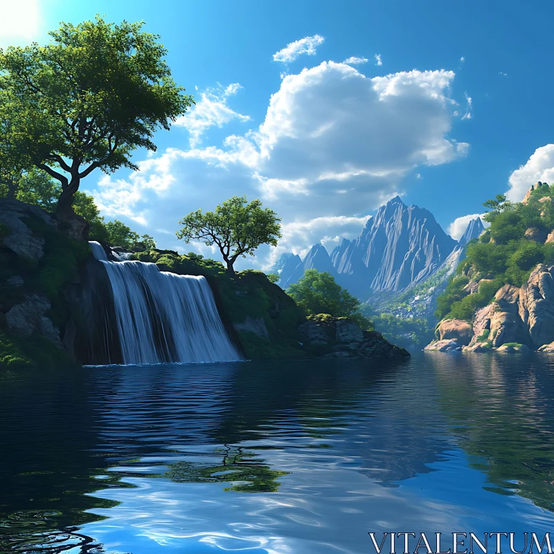 AI ART Tranquil Nature Scene with Waterfall and Mountains