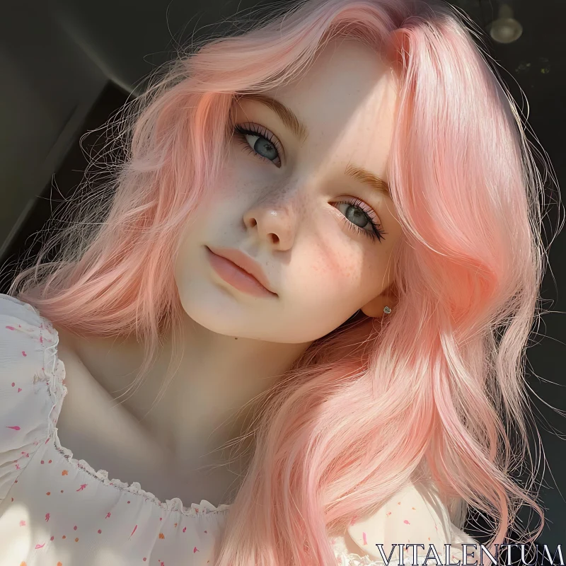 Close-Up Portrait of Pink-Haired Woman with Freckles AI Image