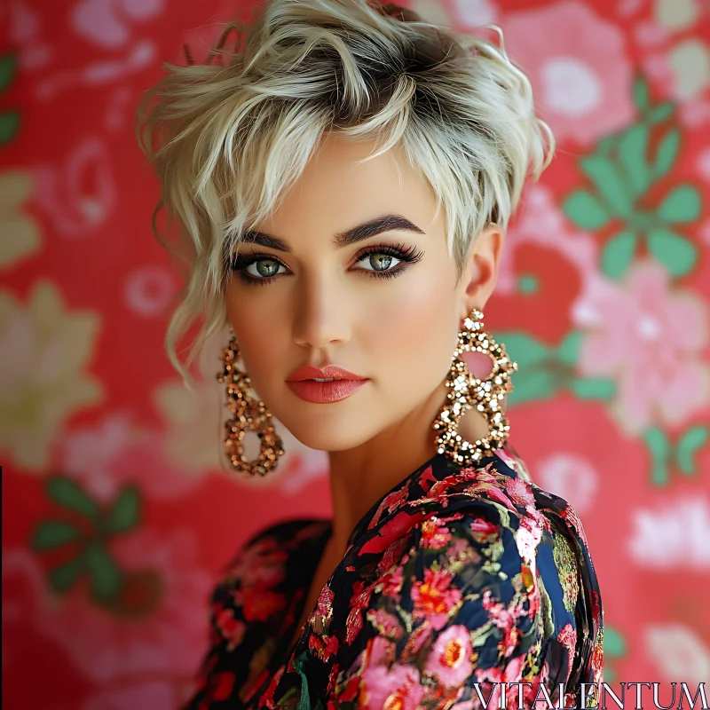 Blonde Woman in Floral Dress with Gold Earrings AI Image