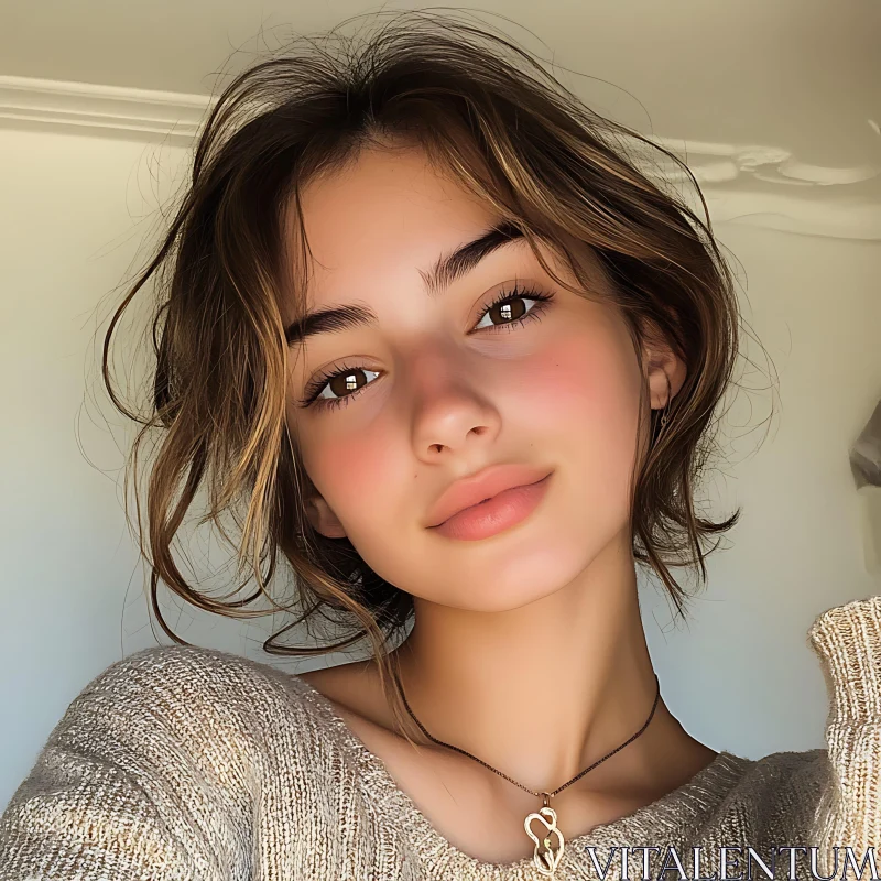 Young Woman with Tousled Hair in Beige Sweater AI Image