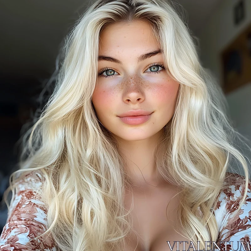 Portrait of Blonde Woman with Rosy Cheeks AI Image