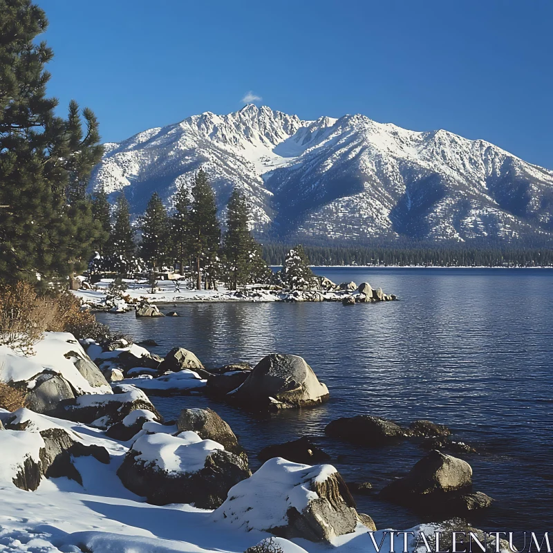 Tranquil Snowy Mountain and Lake View AI Image