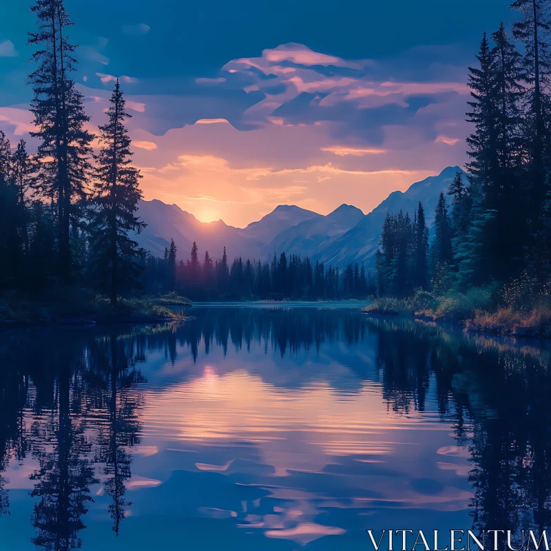 Sunset Reflections on Mountain Lake AI Image