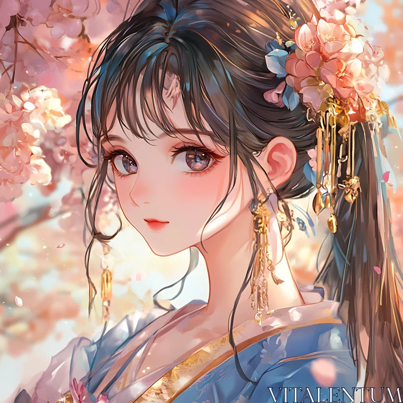 Cherry Blossom-Adorned Anime Girl Portrait AI Image