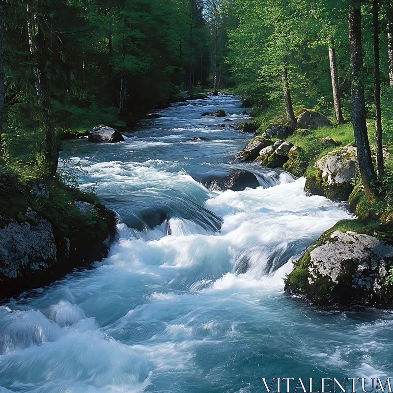 Pristine River in a Vibrant Forest Setting AI Image